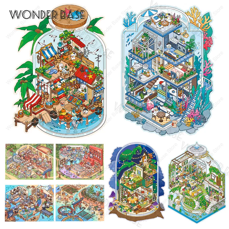 3D süße Tier Himmel Ozean Shop Miniatur Szene Aufkleber DIY Landschaft Aufkleber Tasche Kabine Szene Stapeln Geschenk für Kind Kind