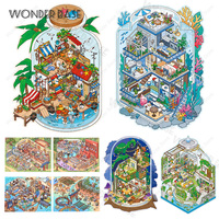3D Cute Animal Sky Ocean Store Miniature Scene Sticker DIY Landscape Sticker Pocket Cabin Scene Stacking Gift for Kid Child