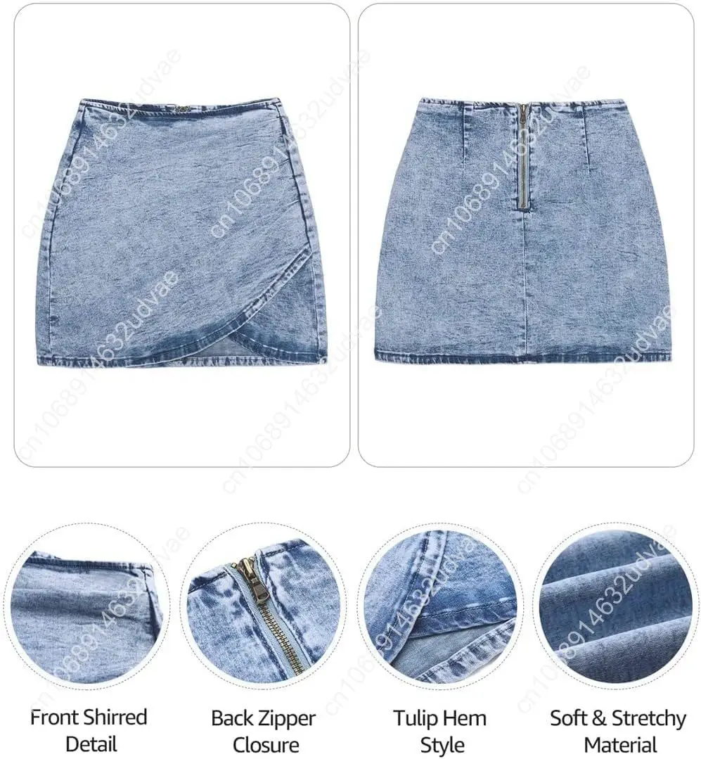 Vetinee Women's Tulip Hem Shirred Washed Casual Bodycon Short Jean Denim Skirt