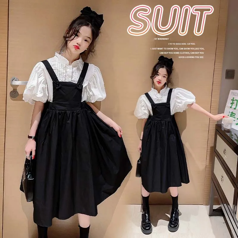 

Korean Summer Teenager Girl 2PCS Clothes Set Children Girl Bubble Sleeve T-shirt+Suspender Skirt Sets Girls From 4-12 Years Old