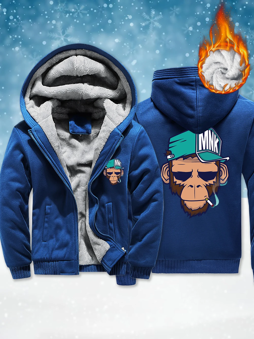 

Retro Wear Hat Thinking Monkey Prints Mens Thicken Coats Winter Fleece Warm Zipper Jackets Windproof Thermal Outerwear Male Tops