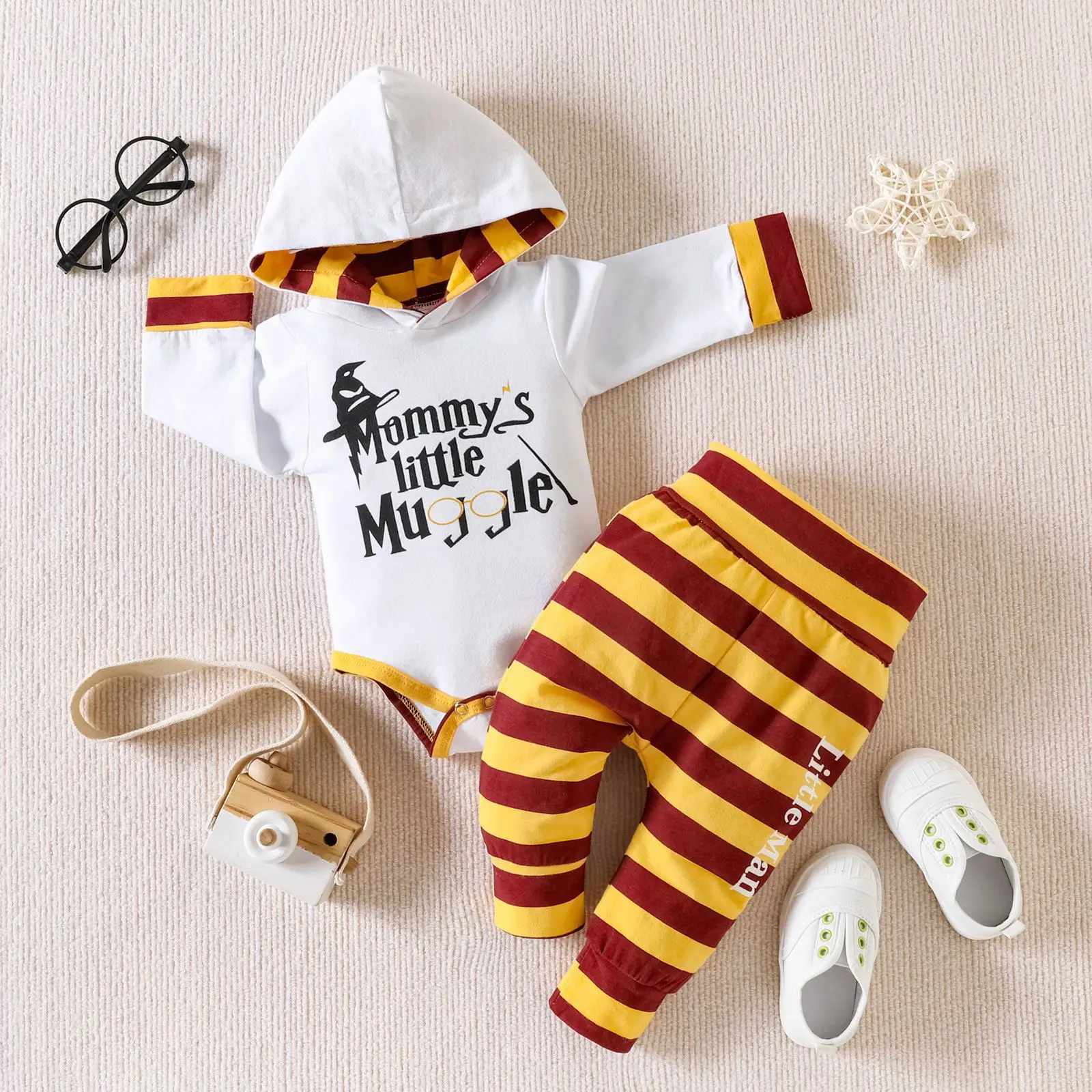 Ins Spring Autumn 2023 Baby Boys 2PCS Clothes Set Cotton Hooded Letter Long Sleeve Rompers Striped Pants Suit Infant Boys Outfit