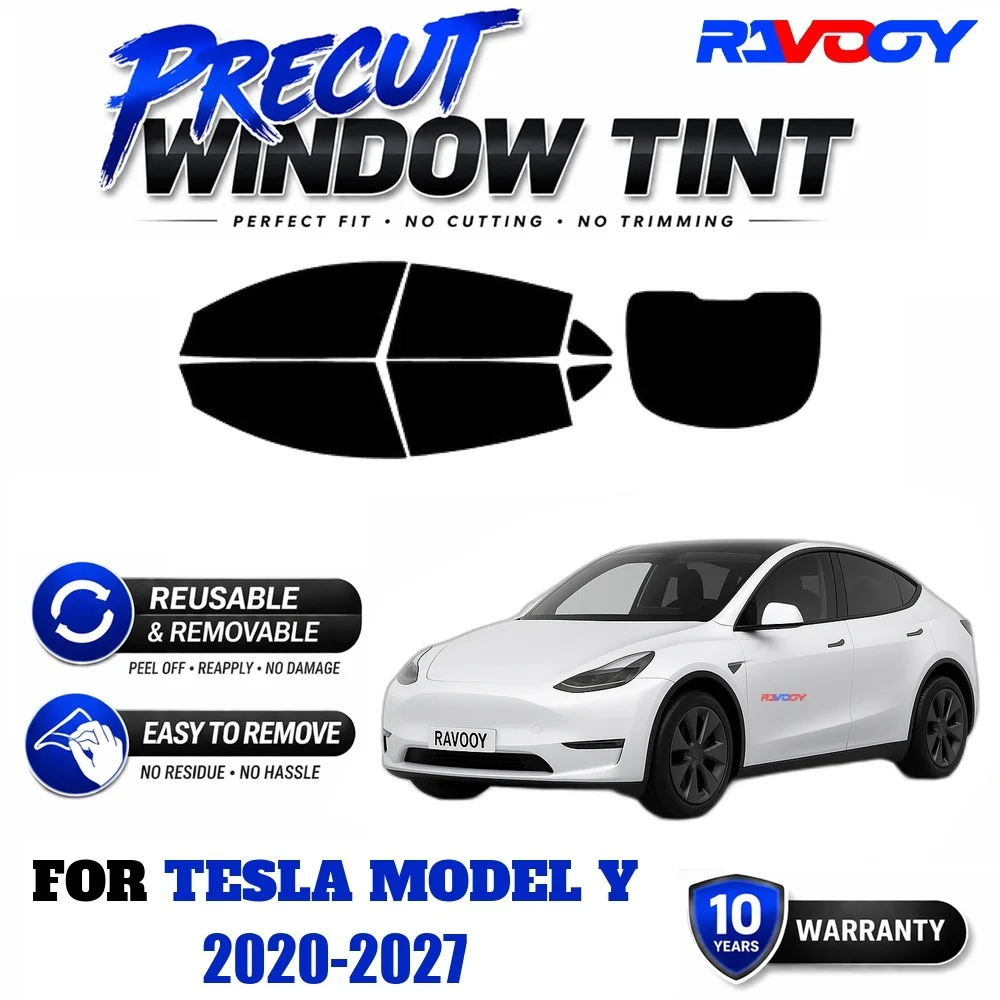RAVOOY Precut Window Tint, Reusable Removable EPU Film, Custom Fit for Tesla Model Y 2020-2027, UV Heat Protection