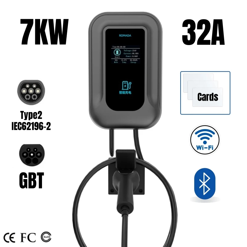 7.6KW 32A Type 2 Electric Vehicle Charger IEC62196 EV Charging Station GBT Wallbox EV Charger with Screen Cards APP Control