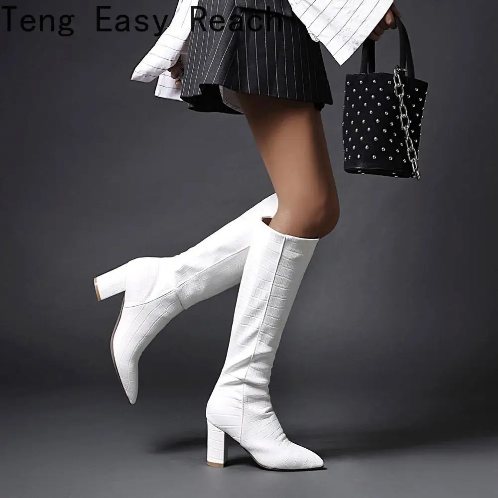 

2024 Western Cowboy Knee High Boots Faux Leather Women Boots Fashion Wedges High Heels Long Boots Autumn Winter Zipper Shoes