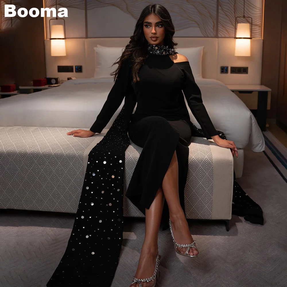 Booma Saudi Arabia Mermaid Evening Dresses Halter Sequins Stain Party Prom Gowns Long Sleeves Formal Occasion Dresses gala