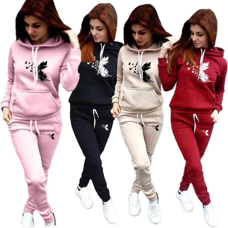 Women\'s solid color printed hoodie+sports pants two-piece sportswear track suit hooded jogging pants sports suit