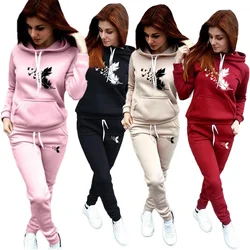 Capuz feminino monocromático estampado e calça esportiva, roupa esportiva de duas peças, track suit, calça de corrida com capuz