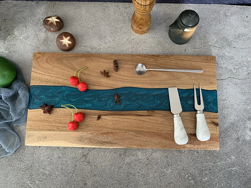 Epoxy Bamboo Resin Acacia Wood Charcuterie Cheese Chopping Board Elegant Ocean Wave Pattern Rectangular Wooden Cutting Board