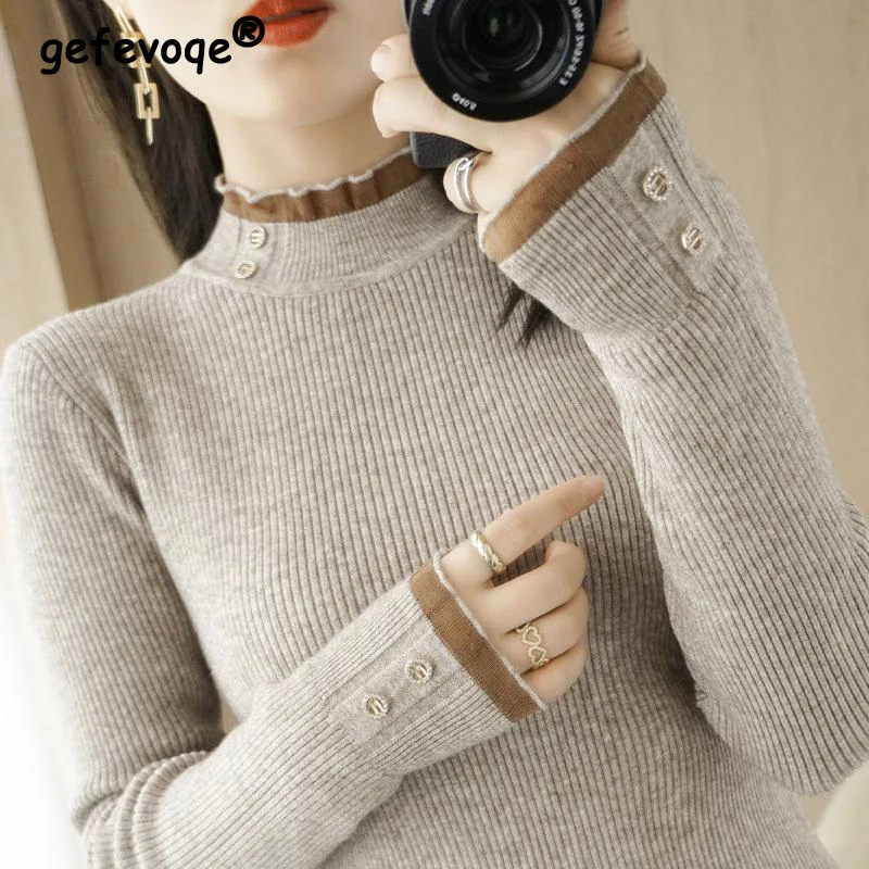 

Women's Clothing Autumn Winter Korean Fashion Half High Collar Basic Knitwear Long Sleeve Slim Pullover Tops Elegant Chic Jumper