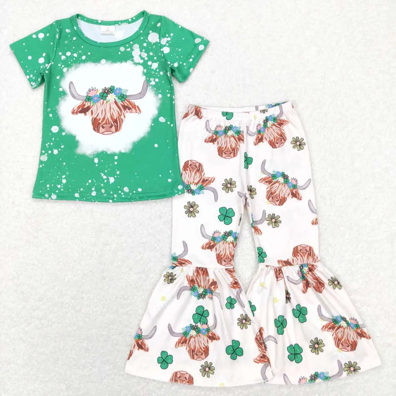 

wholesale kids hot sale kids baby girls clothes Alpine bull head flower four-leaf clover green short-sleeved pant suit