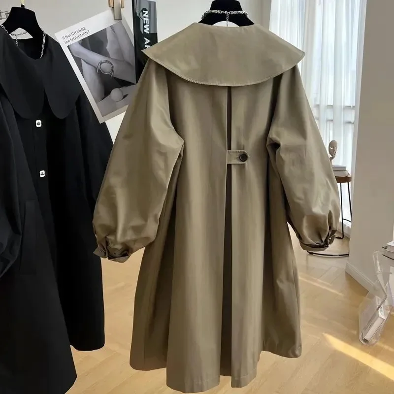 Capispalla foderato da donna in stile medio lungo Primavera Autunno Cappotto da giacca a vento con colletto per bambola da donna Nuovo trench a maniche lunghe