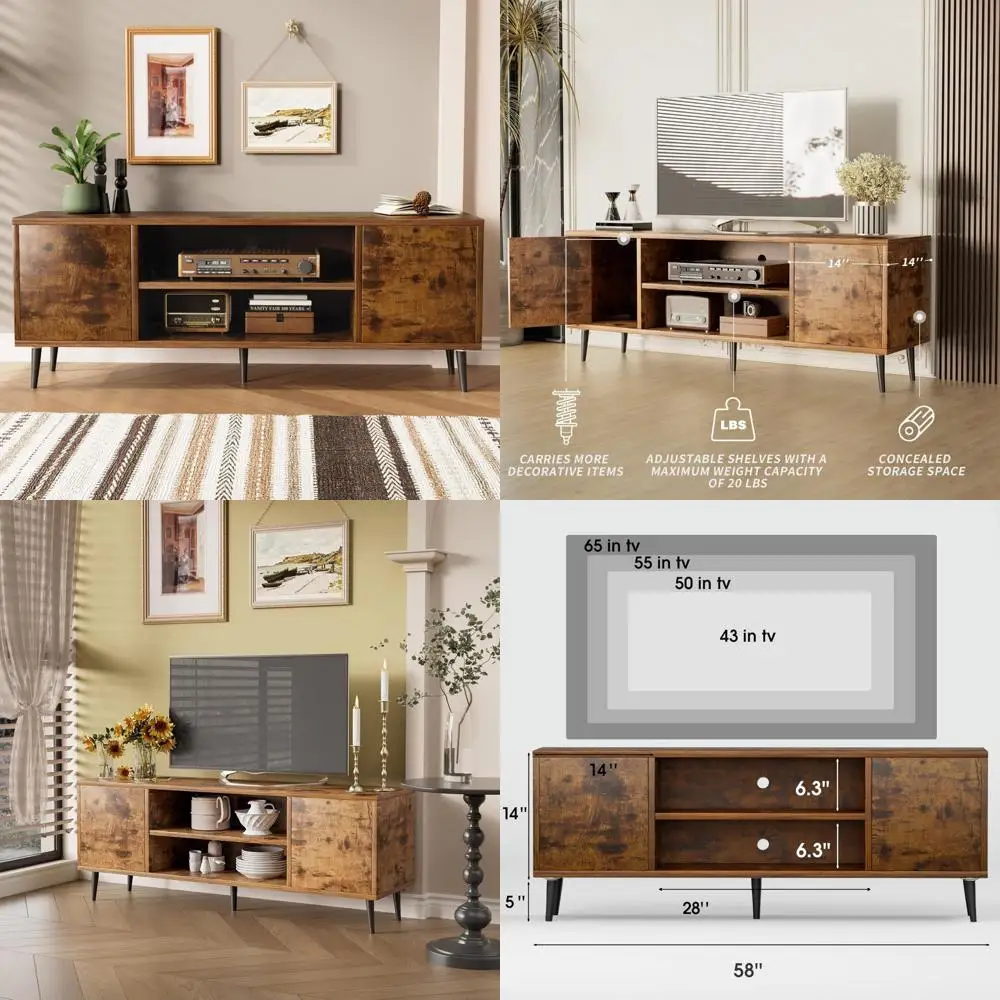 

Mid Century Modern Entertainment Center - 65 Inch TV Stand with Storage Cabinet and Open Shelves for TV Console