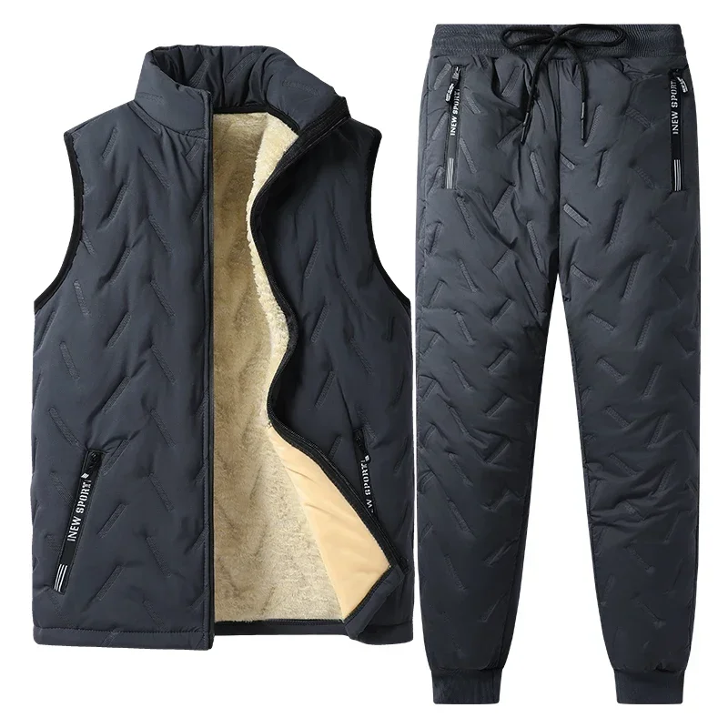 Winter 7XL Fleece Vest Tracksuit Men Sets Wool Lined Thick Vest + Pants Sportswear 2PCS Tracksuit Set Male Winter Warm Outerwear