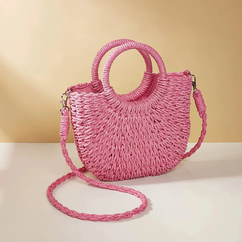 Sommer handgemachte Taschen für Frauen Strand weben Damen Strohs ack gewickelt Strand tasche Mond geformt Top Griff Handtaschen Taschen