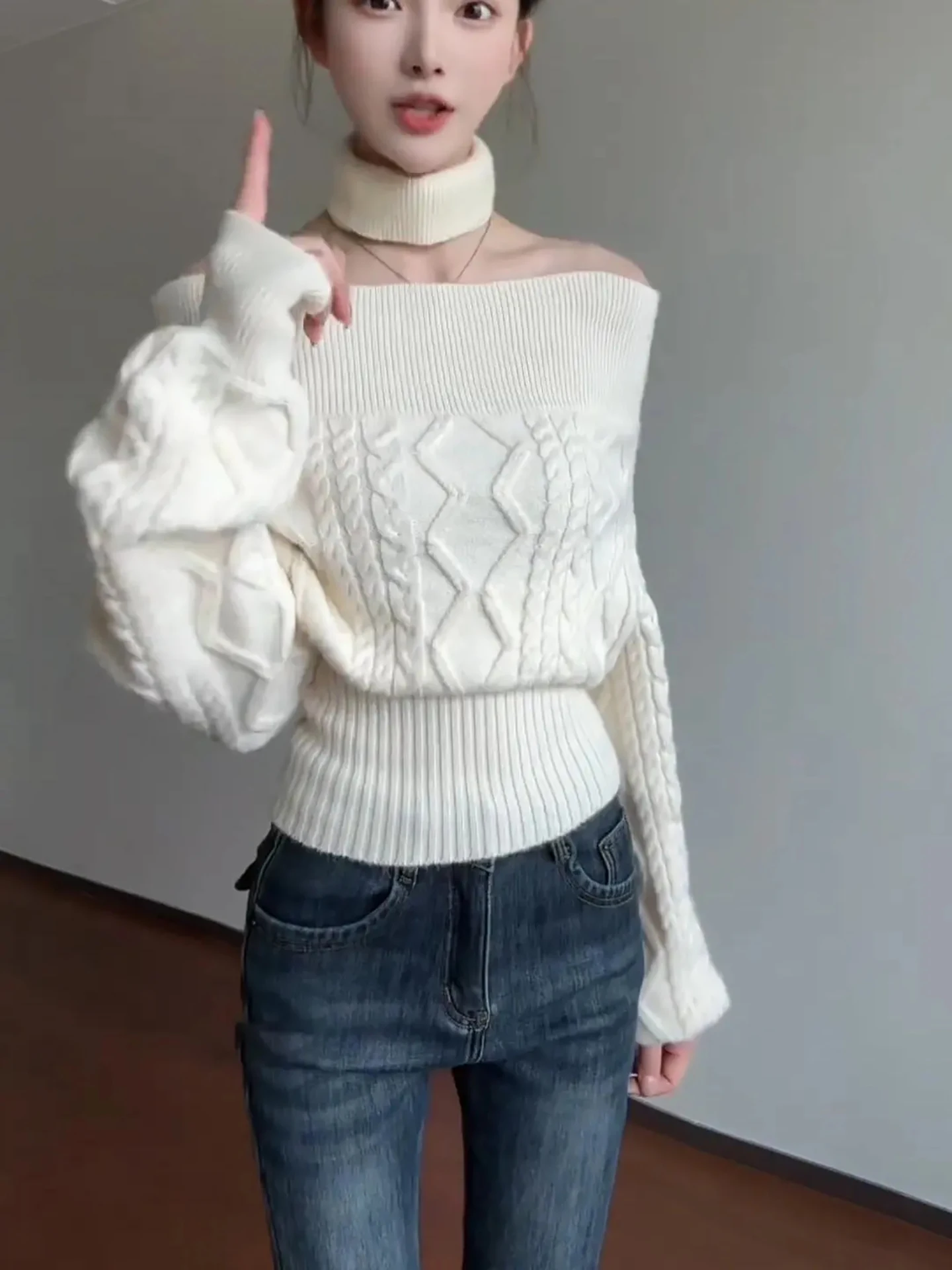 

Women's Off-oulder Knitted Sweater Long Sve Vintage Twist White Outerwear Casual Loose Fit Korean Sle Soft Fabric