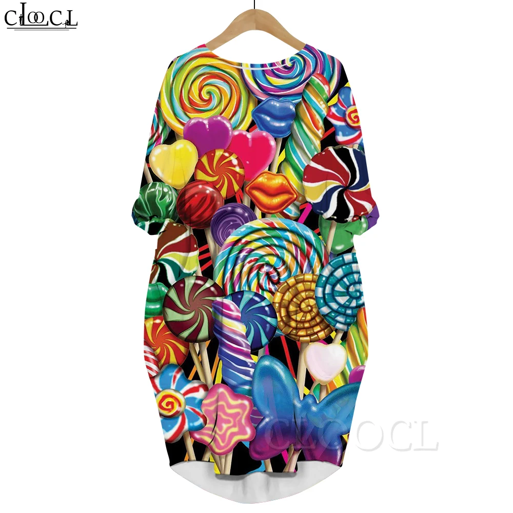 

CLOOCL New Harajuku Long Sleeves Dress Colorful Lollipop Graphics 3D Printed Soft Comfortable Pocket Summer Dress New 2022