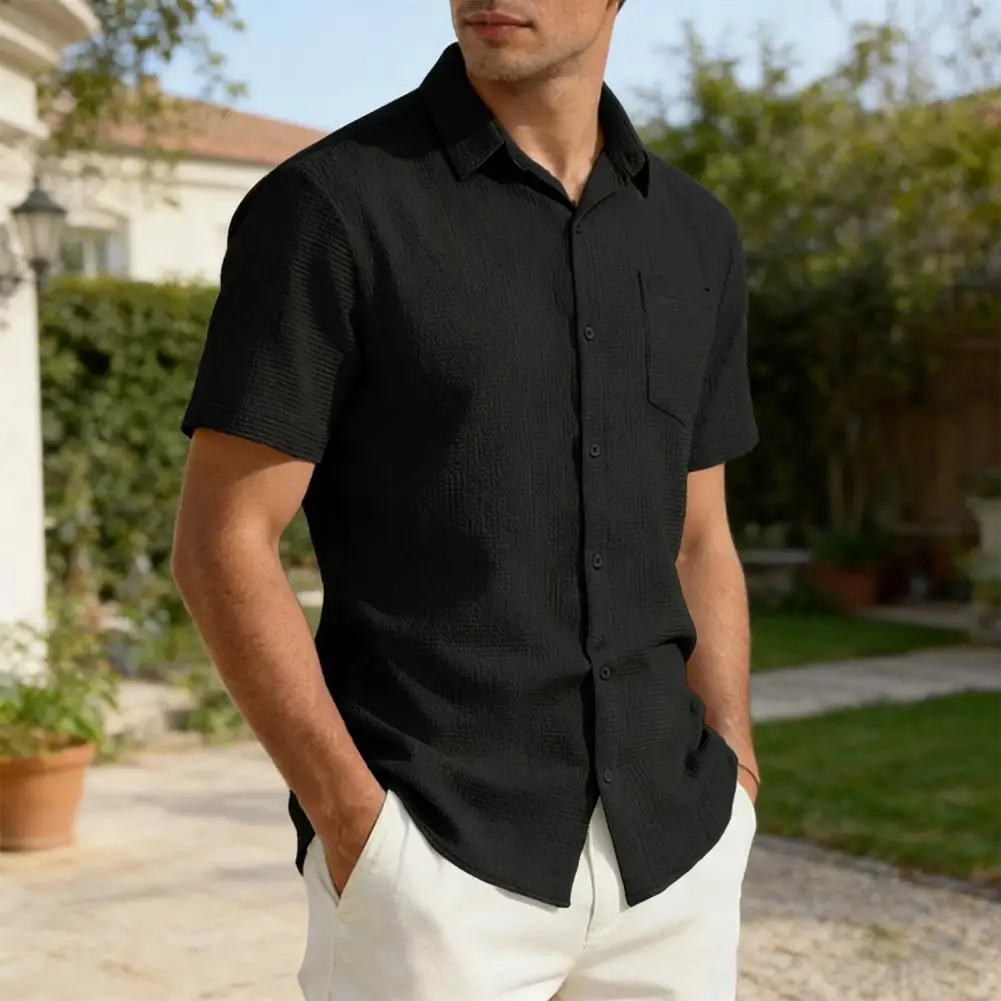 

Men Short Sleeve Top Men's Short Sleeve Button-up Shirt Summer Textured Turn-down Collar Shirt Loose Solid Color Holiday Beach