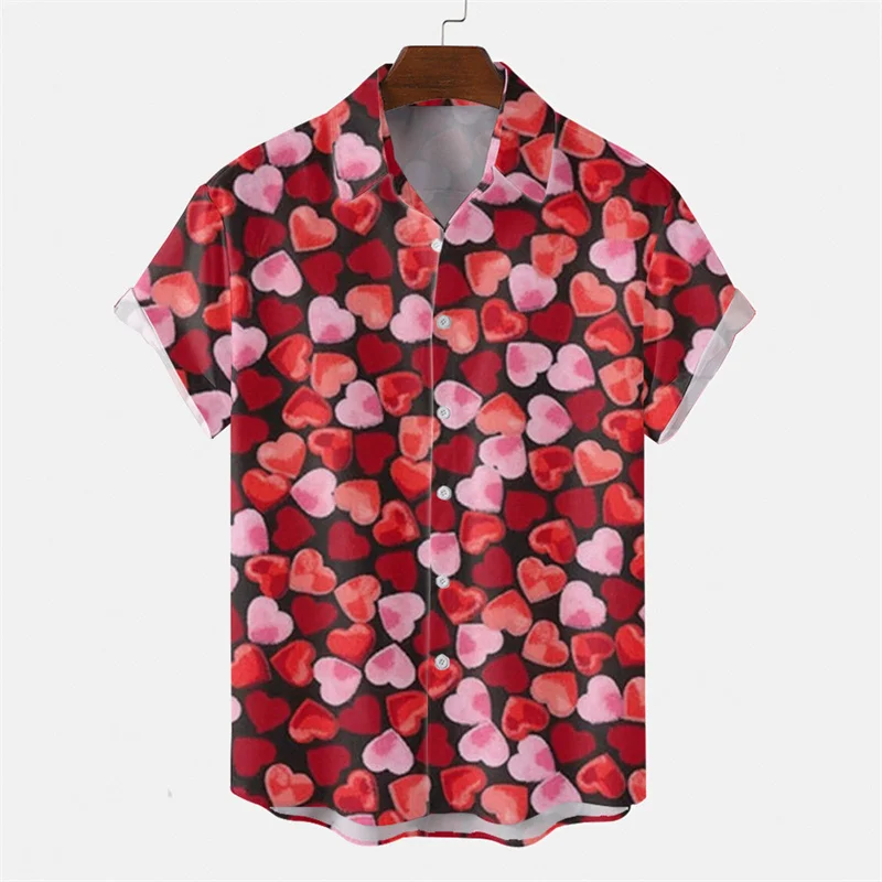 Valentine's Day 3d Print Shirt Men Women Love Flowers Summer Short Sleeve Tees Fashion Floral Button Lapel Blouse Street Tops