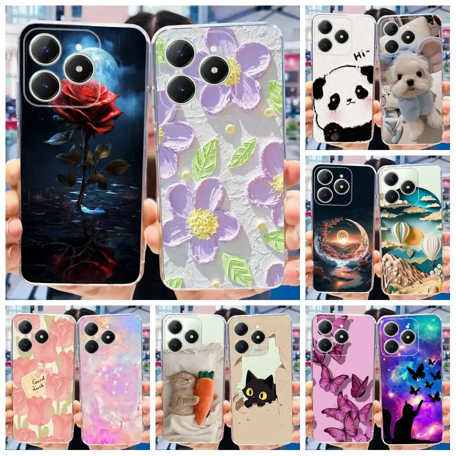 For Realme C63 4G Case 2024 Fashion Flower Transparent Silicone Soft Slim Cover For Realme C61 4G RMX3939 C 63 C 61 Bumper 6.74