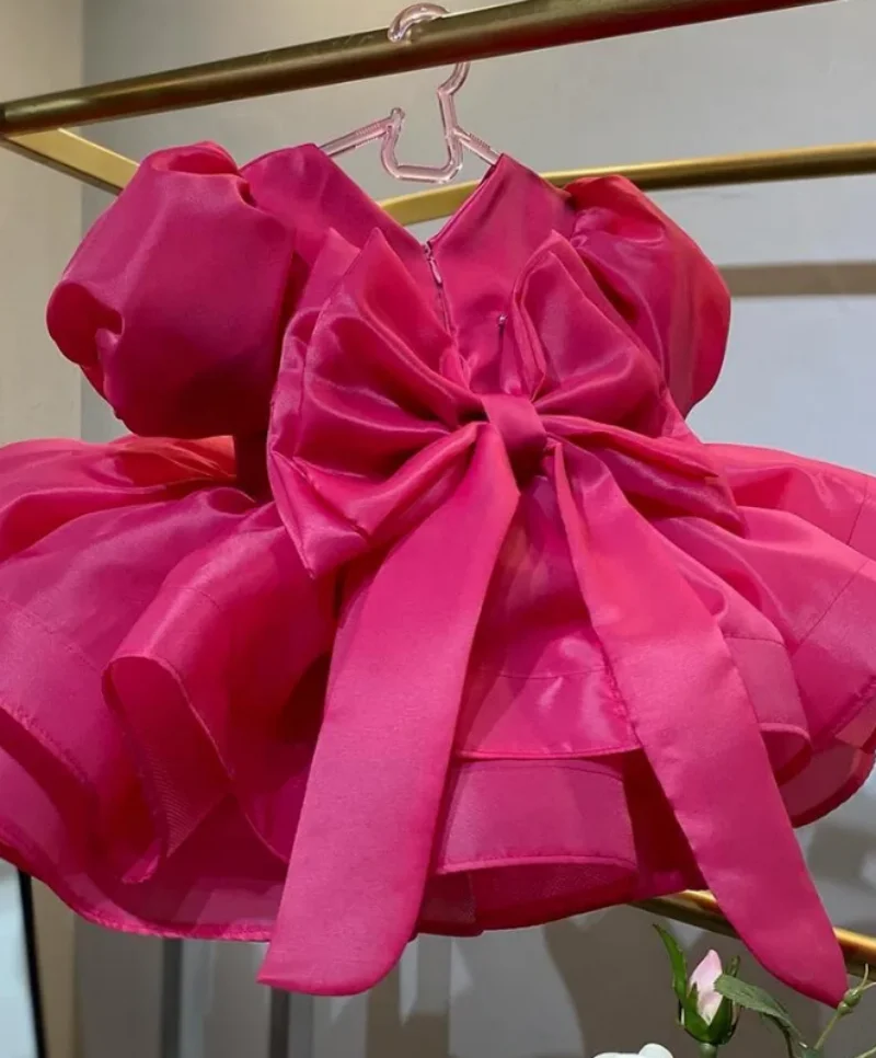 

New Hot Pink Girl Dress with Bubble Sleeve Birthday Party Children's Day Performance Clothing is suitable 0-12 years old