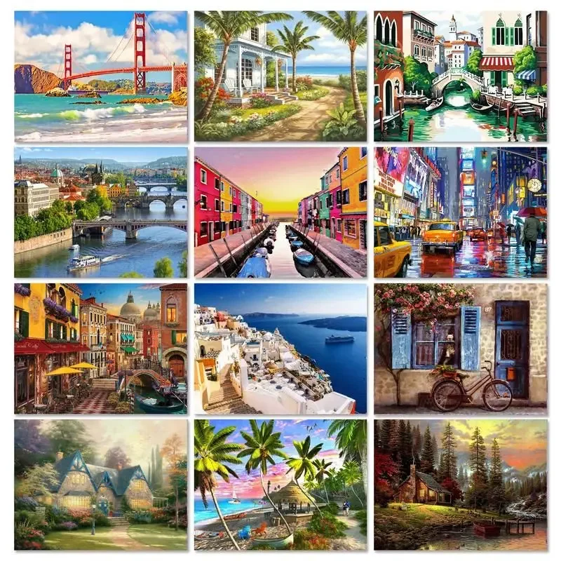 

585267 Painting By Numbers City For Adult Kit Landscape Oil DIY HandPaint Canvas Paint Coloring Picture Home Decor