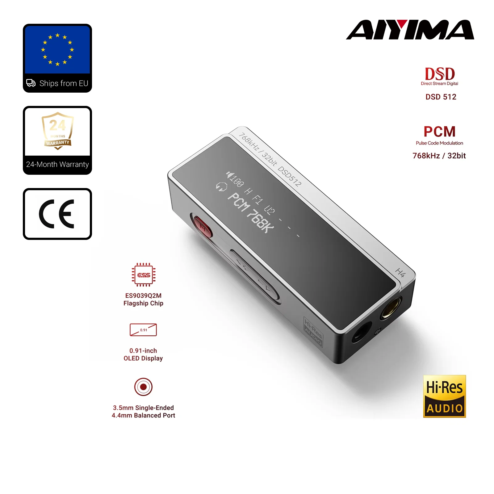 AIYIMA H4 HIFI Tragbarer Kopfhörerverstärker USB DAC AMP ES9039Q2M PCM768 DSD512 4,4mm Balanced/3,5mm Klinkenausgang OLED-Display