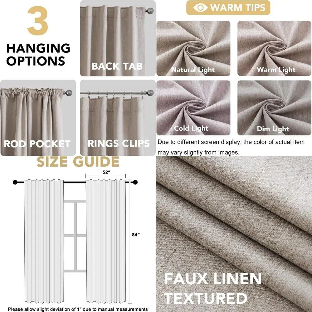 グレーのコーティングが施された完全遮光カーテン84枚、100％遮光、断熱、リビングルーム用2枚セット、ナチュラル