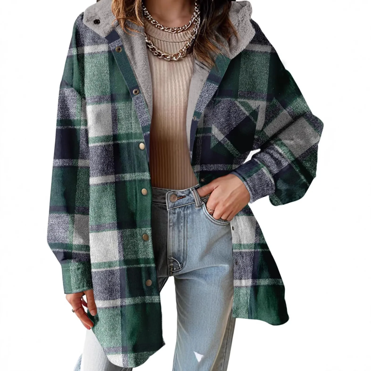 Women's Plaid Fleece Lined Hooded Shacket Button Down Long Sleeve Pockets Loose Fit Warm Winter Cozy Soft Casual Outerwear Coat