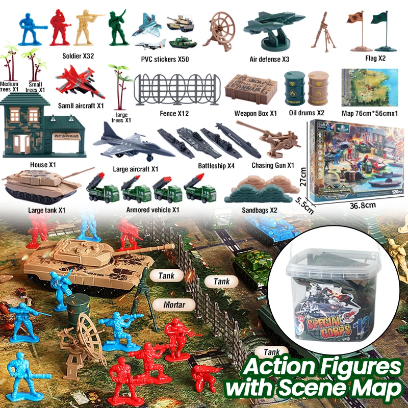 

Action Figures with Scene Map Storage Box Kit Tank Jet Military Sandbox War Armed Force Series Anime Model Gift for Boys Kids