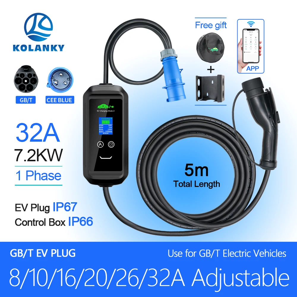 

Kolanky Tuya App Wifi Control EV Charger Wallbox Timer 32A 7.2KW GBT Charging Chinese GB/T Electric Vehicle Hybrid Cars 5M