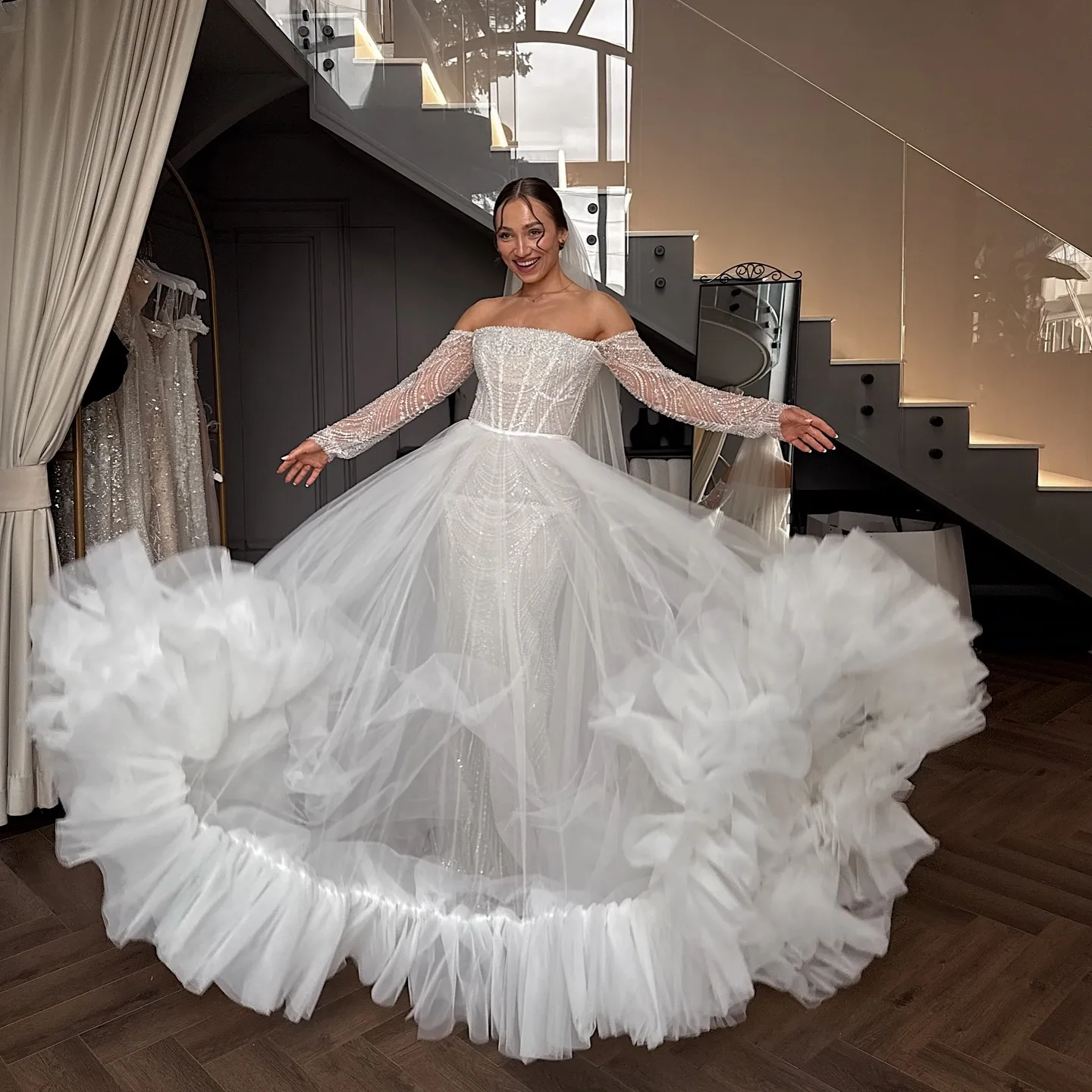 

See Thru Long White Ruffles Trimmed Women Skirt Wedding Overlay Skirt Skirt Costumes For Stage Show Skirts For Photoshoots