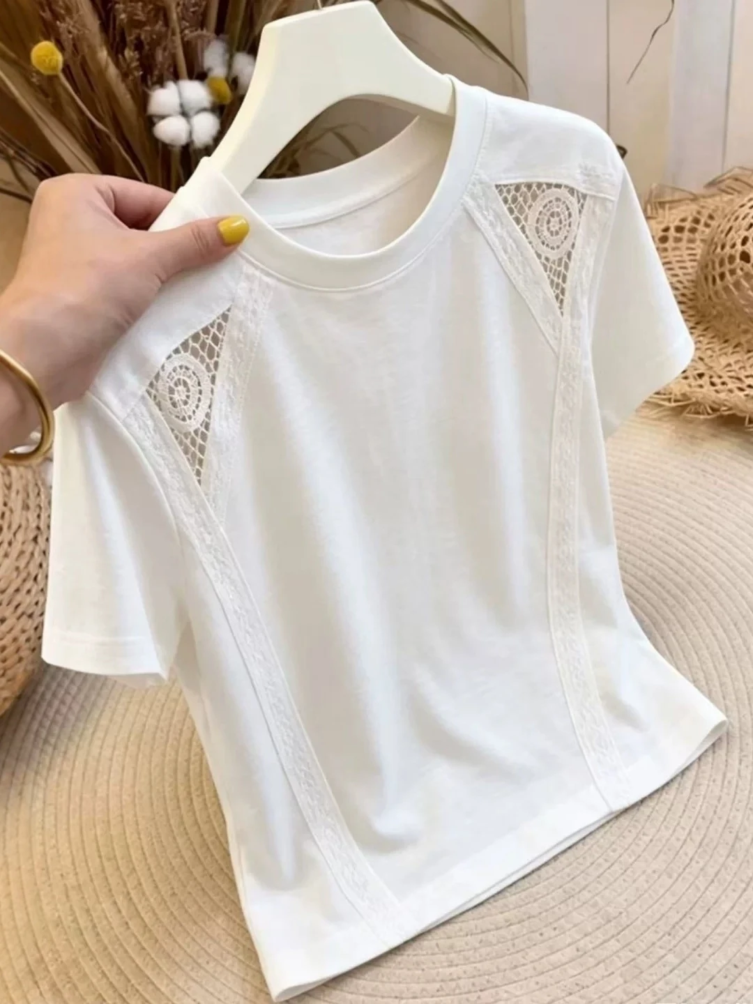 Elegant White Lace Splicing Pure Cotton Short Sleeve T-Shirt Women Summer plus Size Fashion Age Reduction Shoulder Level Top