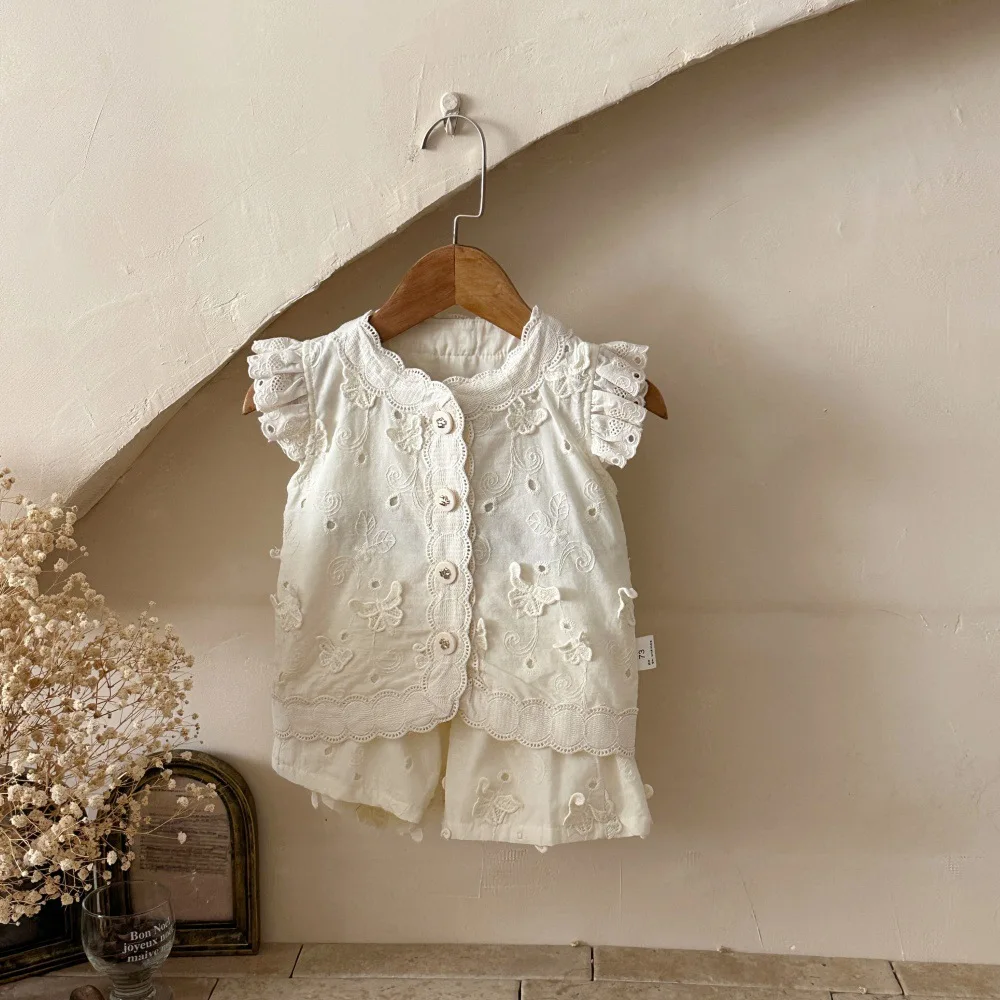 Summer infant embroidery three-dimensional bow short sleeved cardigan+shorts two-piece set