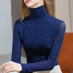 Camisetas azules de cuello alto con diamantes de imitación para mujer, Tops de lentejuelas 2024, camisetas púrpuras con purpurina para mujer, ropa de estética Kpop, camisetas divertidas Xxl