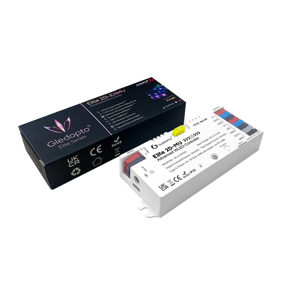 Contrôleur LED GLEDOPTO Elite ESP32 WLED Réactif au Son Économie d'Énergie Relais 20A Fusible Dynamique pour Bande LED RGBIC WS2811 WS2812 WS2805 SK6812