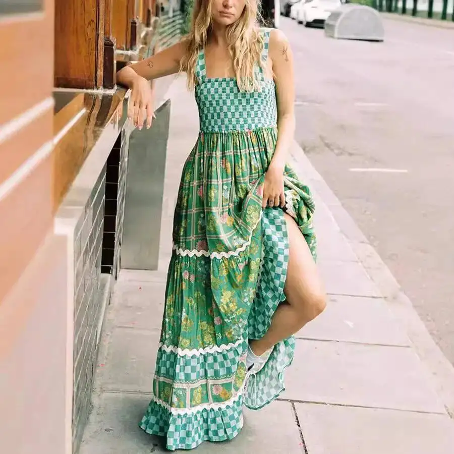 

Women's Print Spaghetti Strap Long Dresses Fashion Backless Leace-Up Wavy Pattern Patchwork Dress Casual Vacation Maxi Vestidos