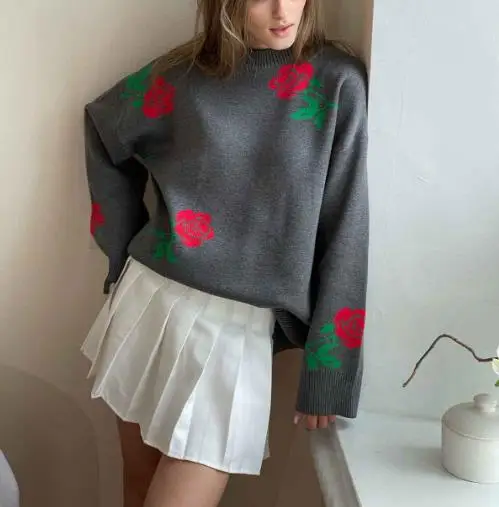 

2025 Новый свободный свитер с круглым вырезом и вышивкой розы на осень и зиму, модный и элегантный вязаный свитер для женщин