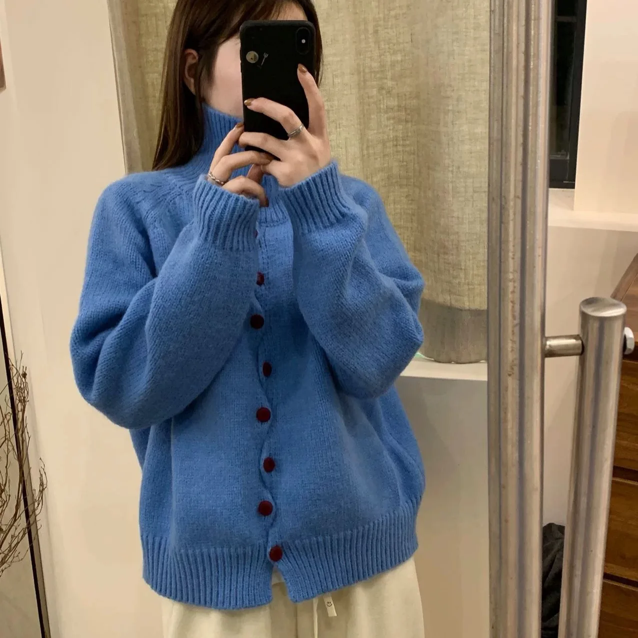 

Korean Style New Fashion Vintage Women's Solid Color Casual Trendy Simple Basic Turtleneck Long Sleeve Breasted Knitted Cardigan