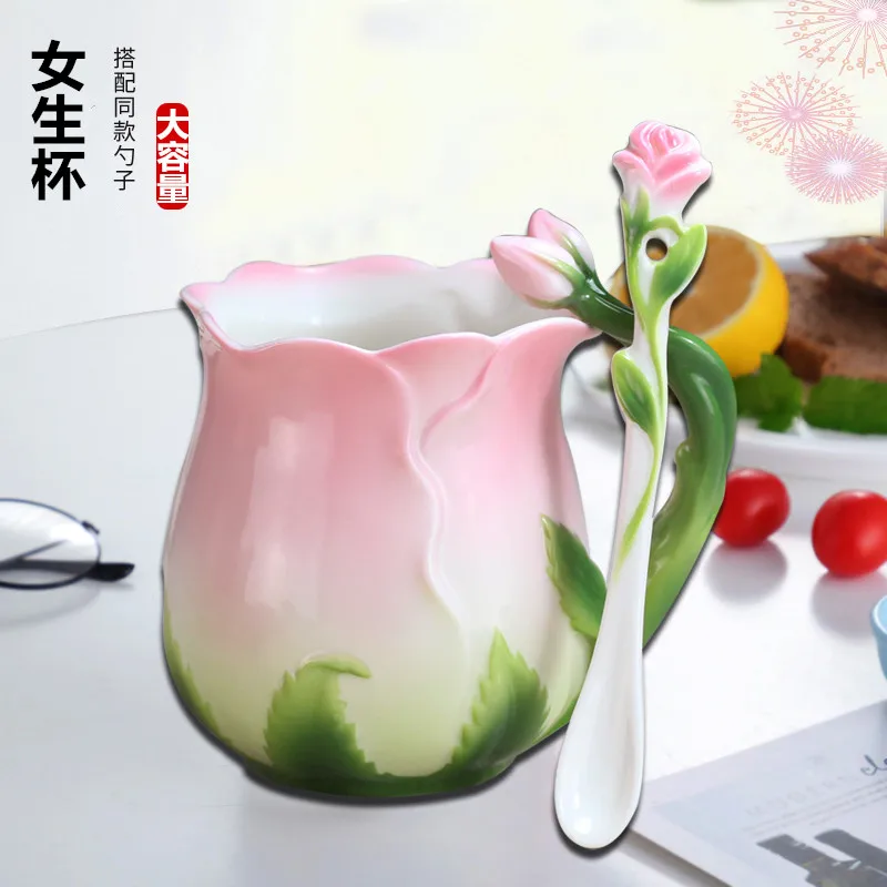 European Style Enamel Ceramic Coffee Mug Creative 3D Rose Flower Shape Lreative 4 Colors Household Breakfast Milk Cup with Spoon