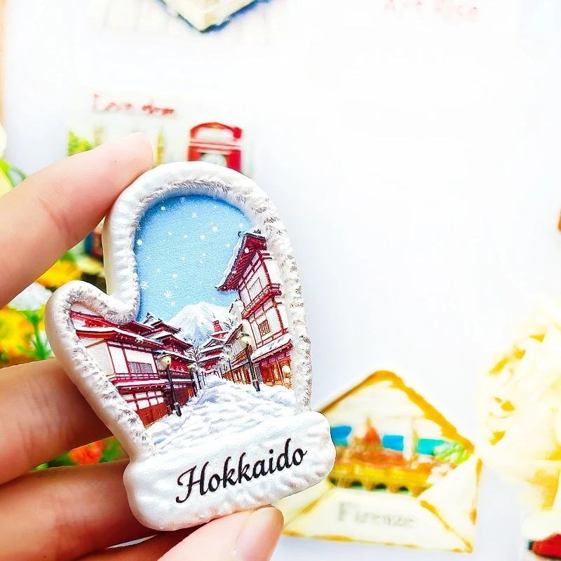 Hokkaido Winter Fridge Magnet - Charming 3D Gloves & Snowy Street Unique Japanese Snowscape Souvenir for Home & Seasonal Decor
