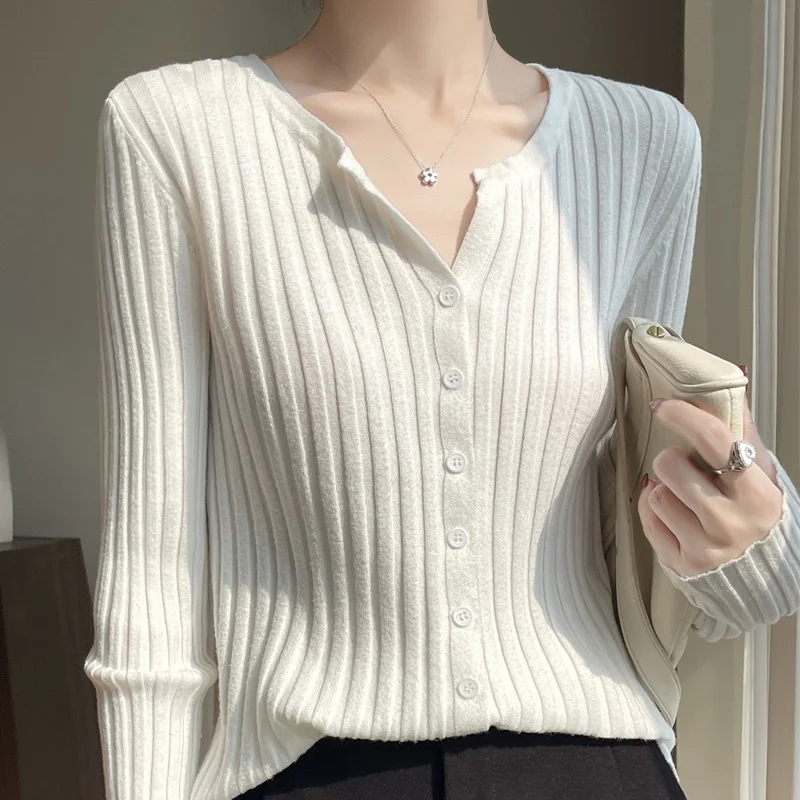 

Новинка 2025 года, однотонный шерстяной открытый кардиган, женский круглый верхняя одежда Ne ort, трикотажная основа, удобный повседневный джемпер