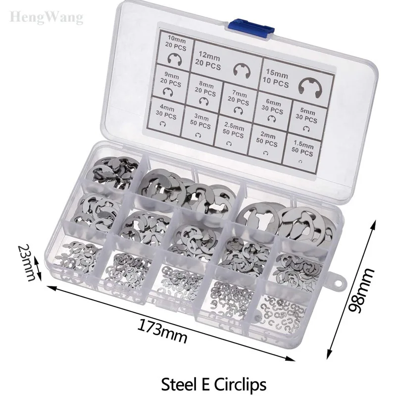 External Retaining Ring E-Clip Set 400pcs Stainless Steel 1.5,2,3,4,5,12,15mm Circlip Assortment Kit for Shaft