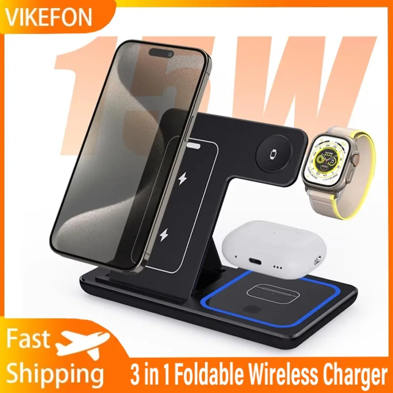 

Подставка для беспроводного зарядного устройства 3 в 1, складная светодиодная станция для быстрой зарядки мощностью 30 Вт для iPhone 16, 15, 14, 13, 12, Apple Watch 9 8 7 6 5 Airpods Pro