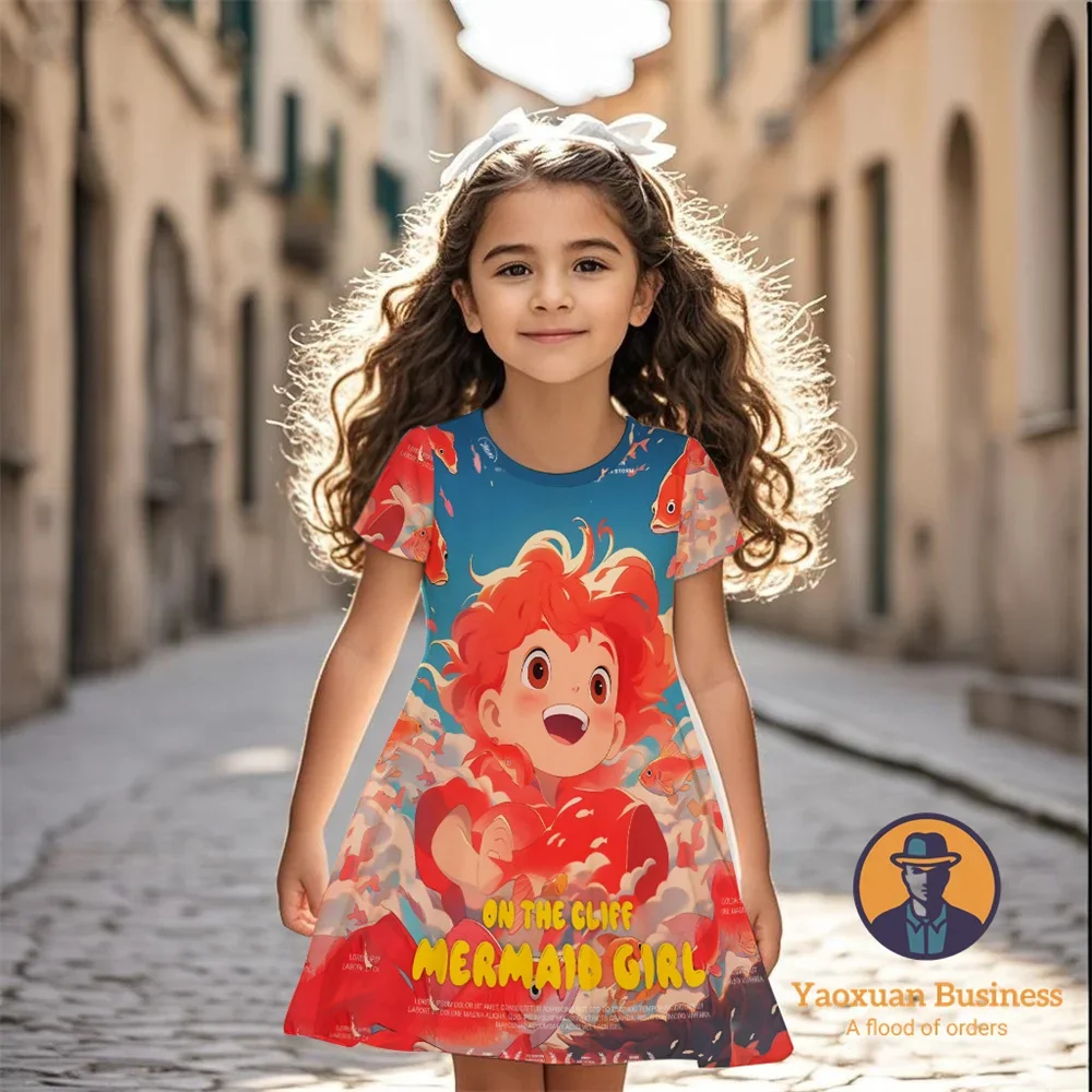 أنيق 2025 Ponyo الفتيات الأطفال 3D الكرتون فستان مُزين بطباعة لطيف جميل بارد الصيف فستان جديد ​
