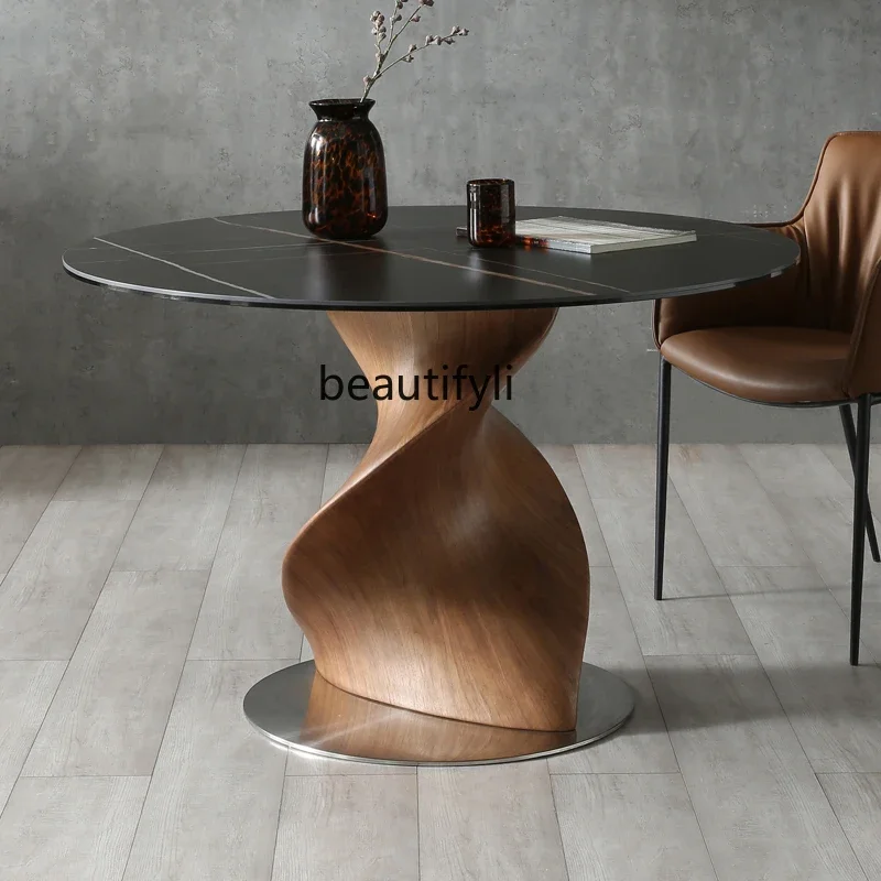 z183 Italian minimalist rock slab dining table round designer walnut light luxury dining table glass home modern simplicity