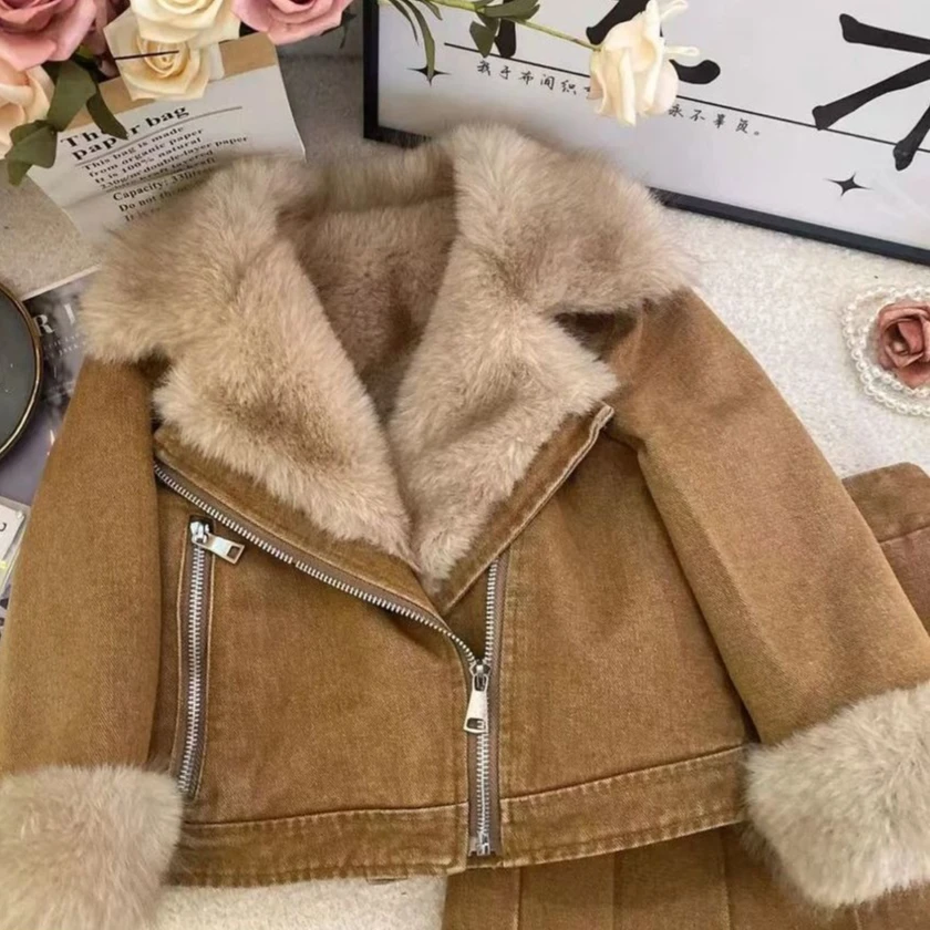 Girls Set Autumn Winter New Children Fashionable Hairy Warm Denim Jacket Baby Girls Pleated Skirt Two Piece Set