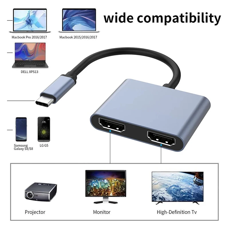 HUB USB 4K 30 Hz 2 w 1 typu C do 2 HDMI dla systemu Windows Macbook Pro/monitor/telewizor o wysokiej rozdzielczości/projektor/telefon komórkowy