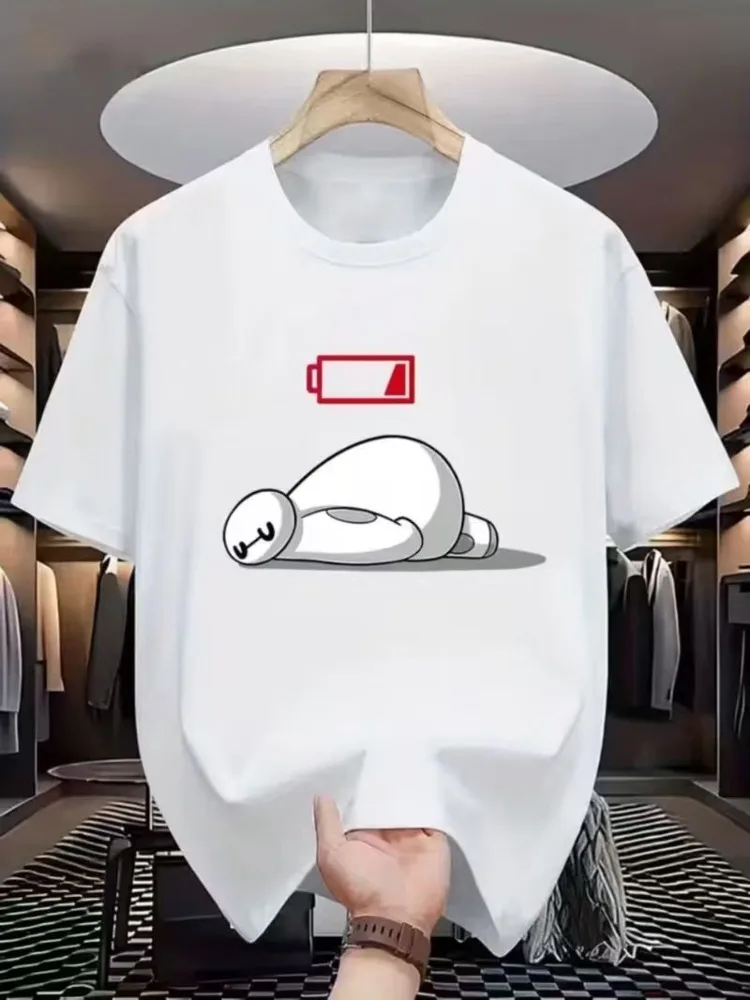 Lazy Mood Mens Loose White Tee Sleepy Minimal Figure With Low Power Red Battery Symbol Humor Casual Soft Cotton Street Shirts