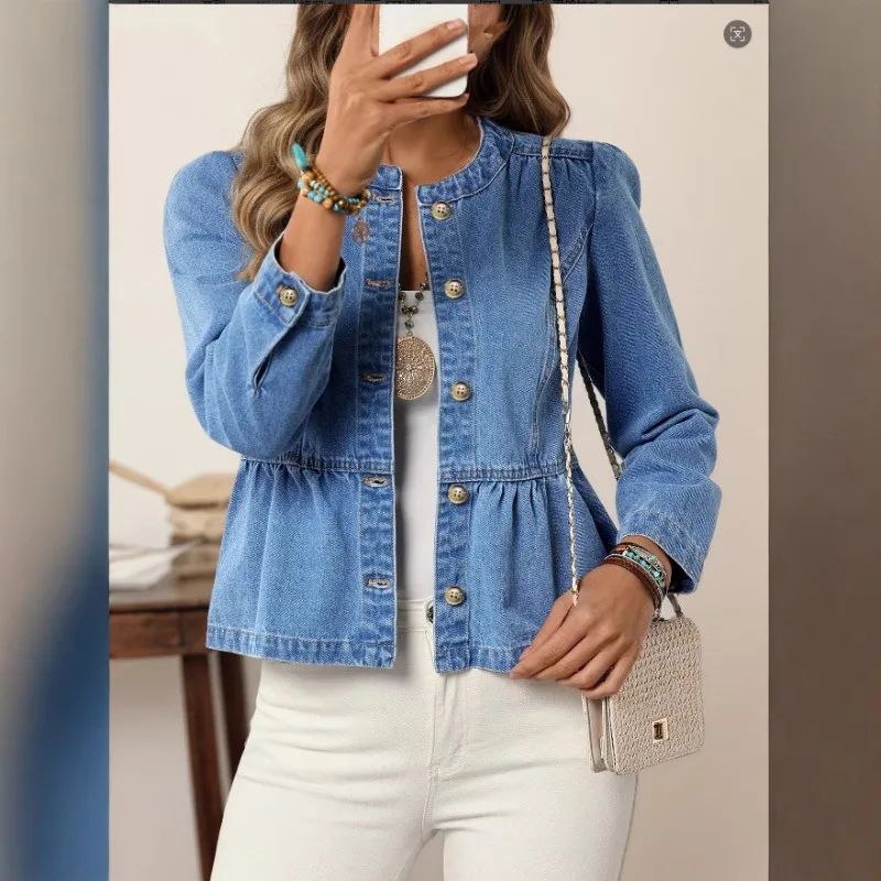 

2025 Autumn New Solid Color Denim Shirt Women's Casual Pullover Round Neck Bubble Sleeve Top